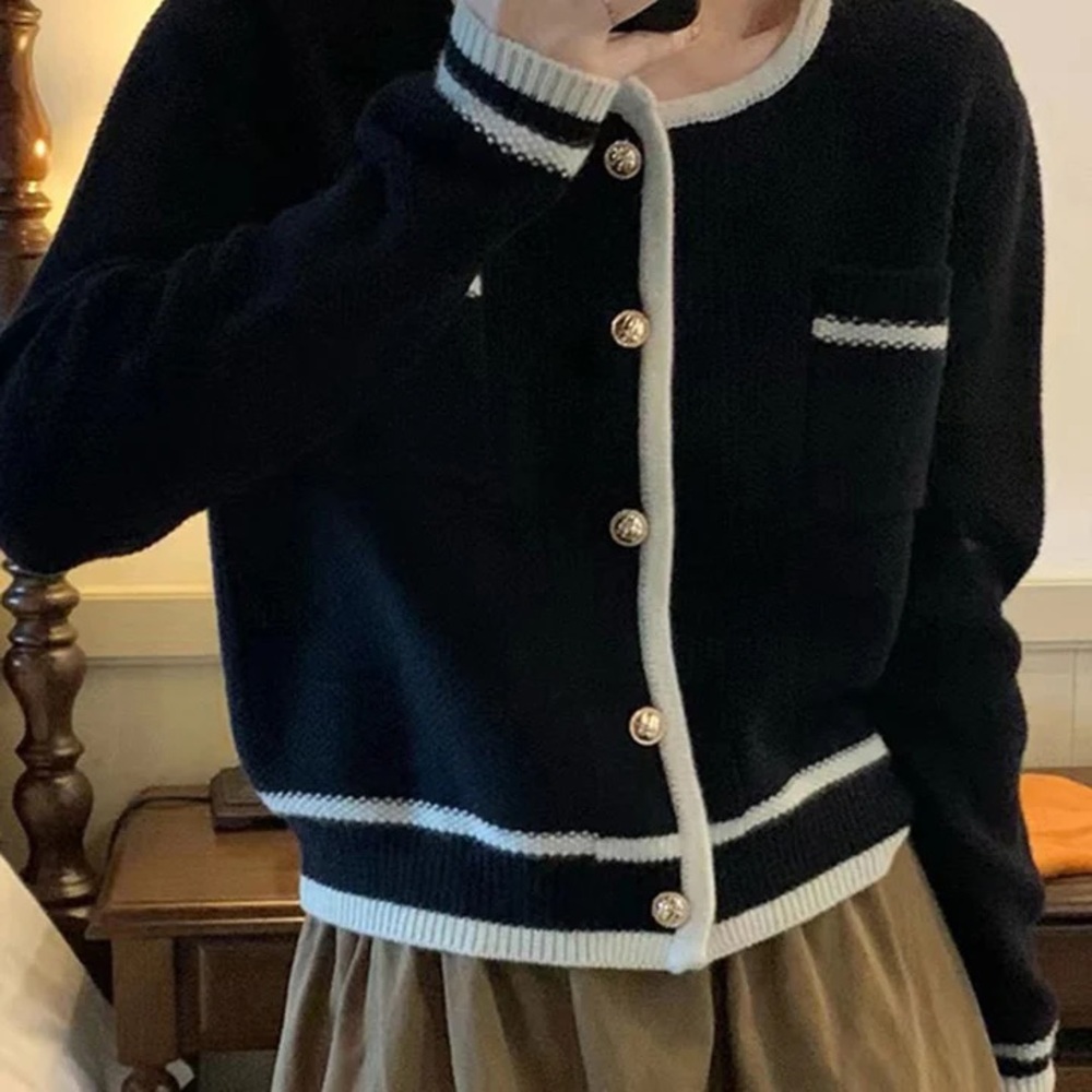 Chic Black Cardigan with White Trim